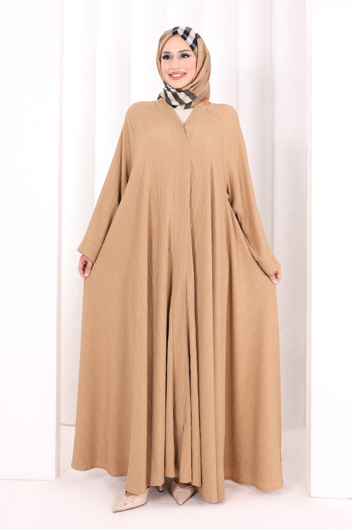 Çıt Çıt Düğme Detaylı Ferace Görünümlü Elbise 6092 Taba - 1