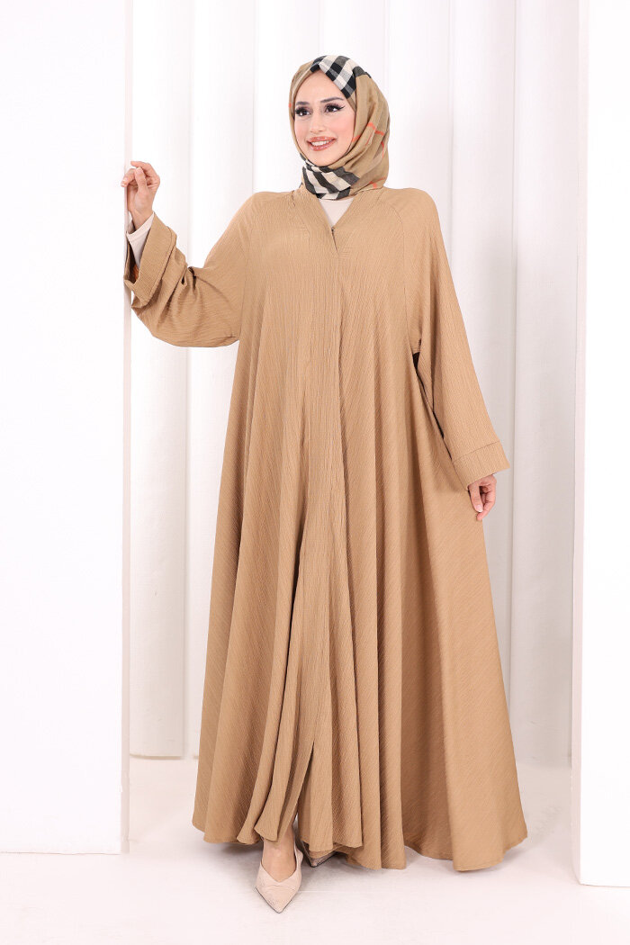 Çıt Çıt Düğme Detaylı Ferace Görünümlü Elbise 6092 Taba - 2