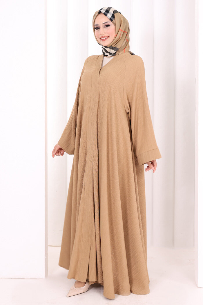 Çıt Çıt Düğme Detaylı Ferace Görünümlü Elbise 6092 Taba - 3