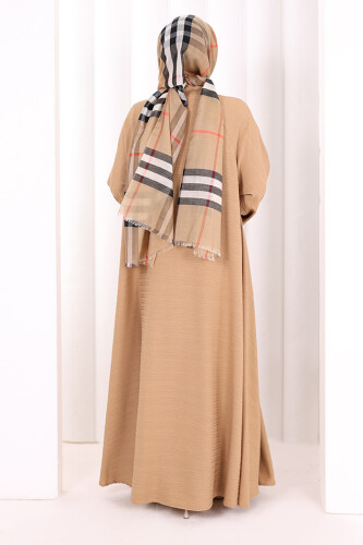 Çıt Çıt Düğme Detaylı Ferace Görünümlü Elbise 6092 Taba - 4