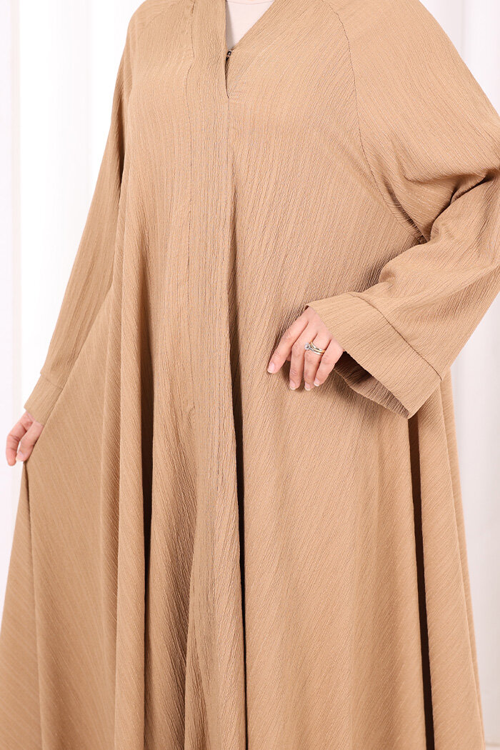 Çıt Çıt Düğme Detaylı Ferace Görünümlü Elbise 6092 Taba - 6