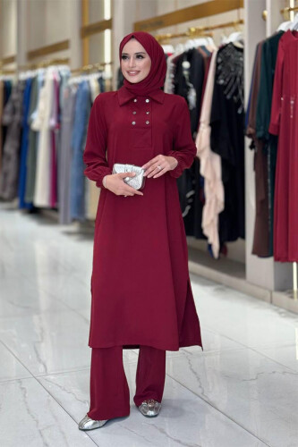 Çıt Çıt Düğme Detaylı Tunik Pantolon İkili Takım 8681 Bordo 