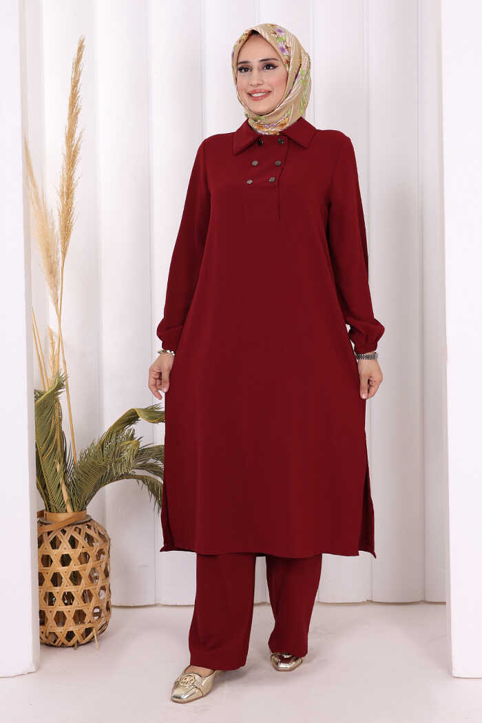 Çıt Çıt Düğme Detaylı Tunik Pantolon İkili Takım 8681 Bordo