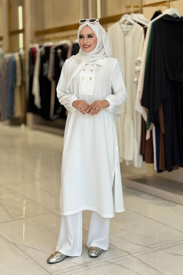 Çıt Çıt Düğme Detaylı Tunik Pantolon İkili Takım 8681 Ekru - 1