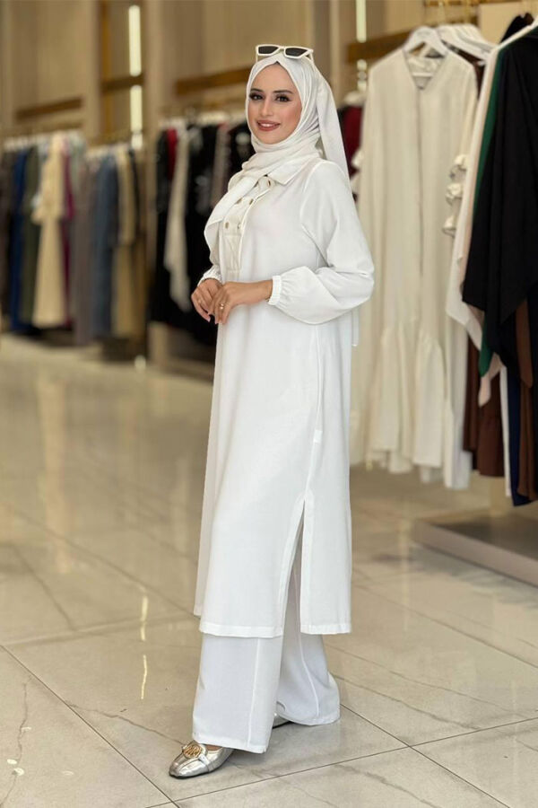 Çıt Çıt Düğme Detaylı Tunik Pantolon İkili Takım 8681 Ekru - 3