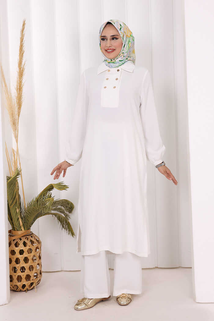 Çıt Çıt Düğme Detaylı Tunik Pantolon İkili Takım 8681 Ekru
