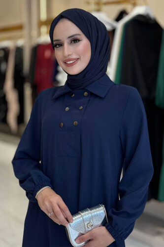 Çıt Çıt Düğme Detaylı Tunik Pantolon İkili Takım 8681 Lacivert - 4