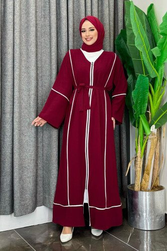 Çizgi Desenli Önü Boydan Fermuarlı Bel Kuşaklı Ferace 7885 Bordo - Bym Fashion