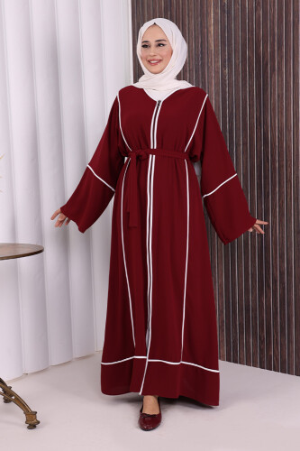 Çizgi Desenli Önü Boydan Fermuarlı Bel Kuşaklı Ferace 7885 Bordo - Bym Fashion