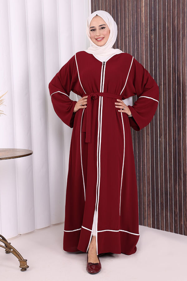 Çizgi Desenli Önü Boydan Fermuarlı Bel Kuşaklı Ferace 7885 Bordo - 2