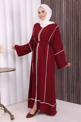 Çizgi Desenli Önü Boydan Fermuarlı Bel Kuşaklı Ferace 7885 Bordo - 3