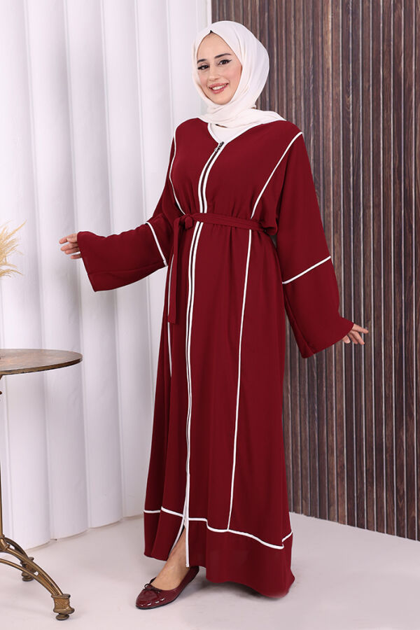 Çizgi Desenli Önü Boydan Fermuarlı Bel Kuşaklı Ferace 7885 Bordo - 3