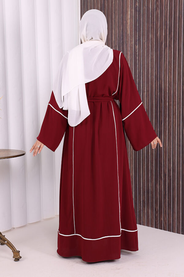 Çizgi Desenli Önü Boydan Fermuarlı Bel Kuşaklı Ferace 7885 Bordo - 5