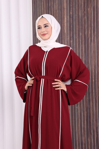 Çizgi Desenli Önü Boydan Fermuarlı Bel Kuşaklı Ferace 7885 Bordo - 6