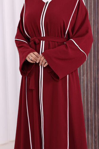 Çizgi Desenli Önü Boydan Fermuarlı Bel Kuşaklı Ferace 7885 Bordo - 7