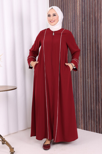 Çizgi Detaylı Boydan Fermuarlı Tam Boy Ferace 6011 Bordo - Bym Fashion