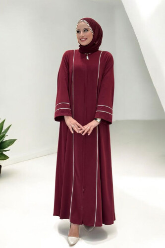 Çizgi Detaylı Boydan Fermuarlı Tam Boy Ferace 6011 Bordo 