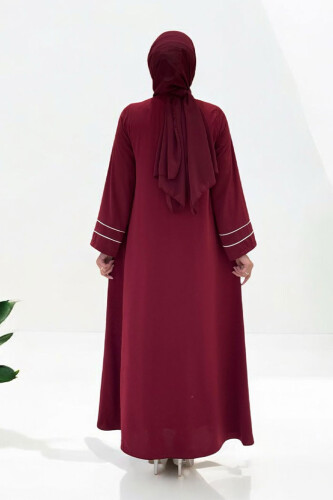Çizgi Detaylı Boydan Fermuarlı Tam Boy Ferace 6011 Bordo - 2