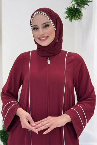 Çizgi Detaylı Boydan Fermuarlı Tam Boy Ferace 6011 Bordo - 4