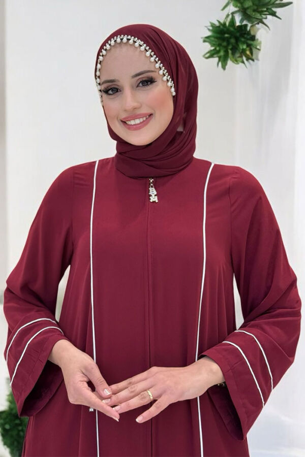 Çizgi Detaylı Boydan Fermuarlı Tam Boy Ferace 6011 Bordo - 4