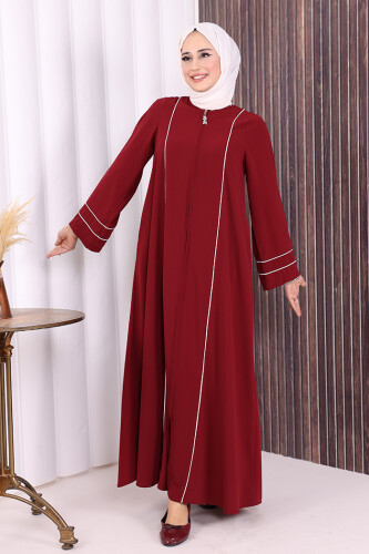 Çizgi Detaylı Boydan Fermuarlı Tam Boy Ferace 6011 Bordo - 2