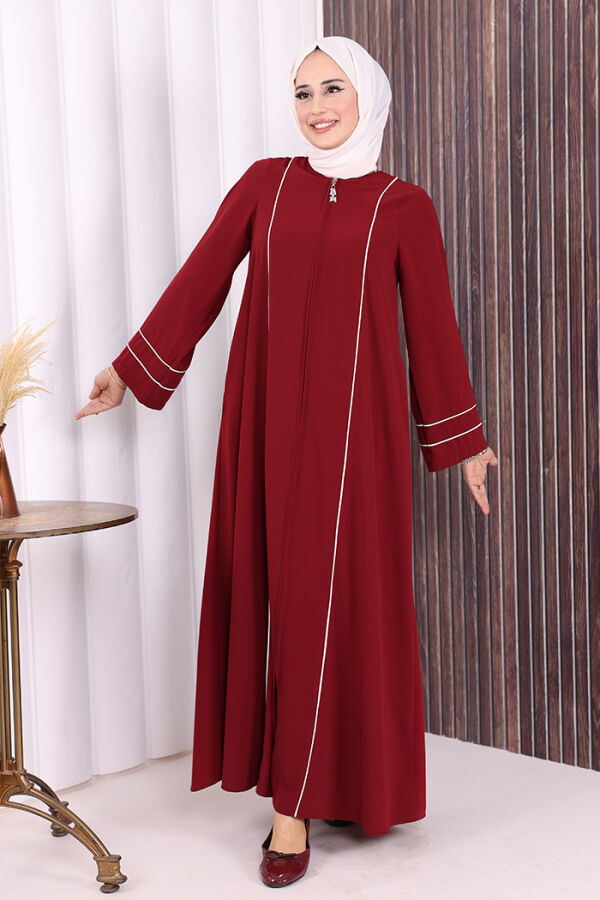 Çizgi Detaylı Boydan Fermuarlı Tam Boy Ferace 6011 Bordo - 2