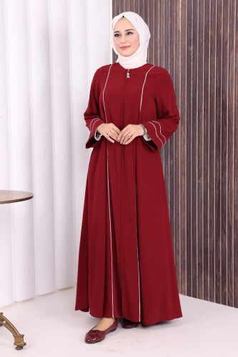 Çizgi Detaylı Boydan Fermuarlı Tam Boy Ferace 6011 Bordo - 3