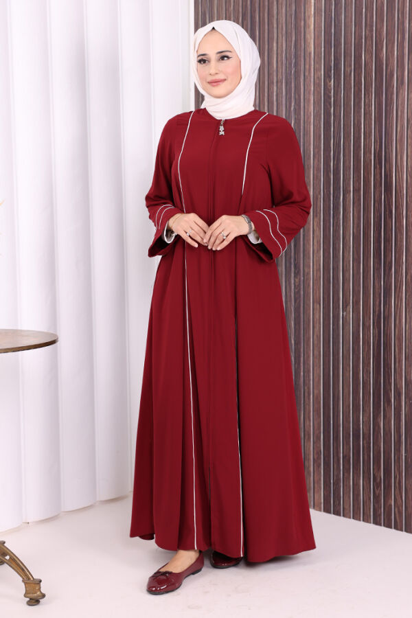 Çizgi Detaylı Boydan Fermuarlı Tam Boy Ferace 6011 Bordo - 3