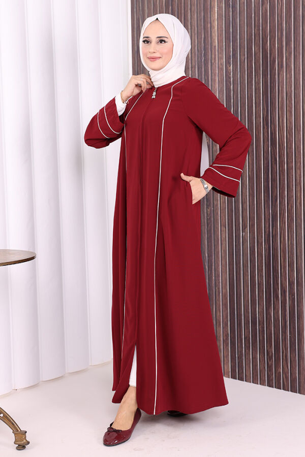 Çizgi Detaylı Boydan Fermuarlı Tam Boy Ferace 6011 Bordo - 4