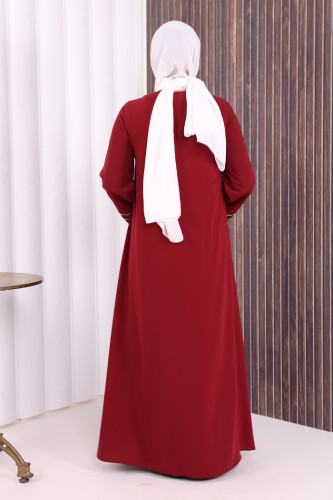 Çizgi Detaylı Boydan Fermuarlı Tam Boy Ferace 6011 Bordo - 5