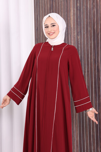 Çizgi Detaylı Boydan Fermuarlı Tam Boy Ferace 6011 Bordo - 6