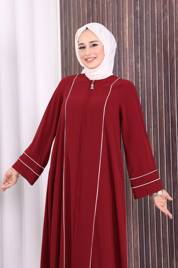 Çizgi Detaylı Boydan Fermuarlı Tam Boy Ferace 6011 Bordo - 6