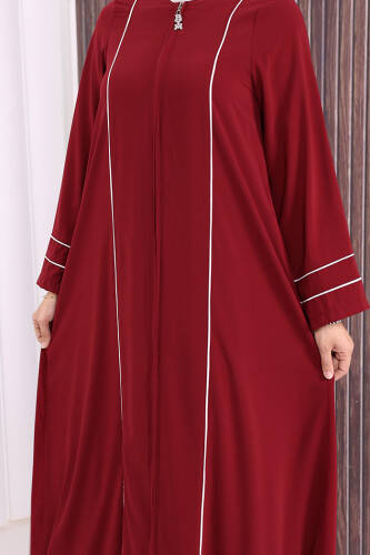 Çizgi Detaylı Boydan Fermuarlı Tam Boy Ferace 6011 Bordo - 7