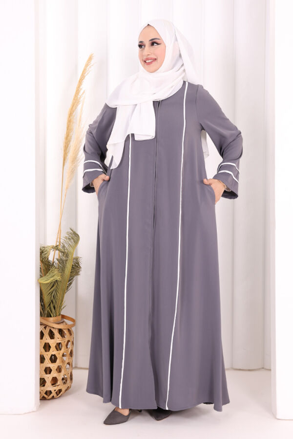 Çizgi Detaylı Boydan Fermuarlı Tam Boy Ferace 6011 Gri - 2