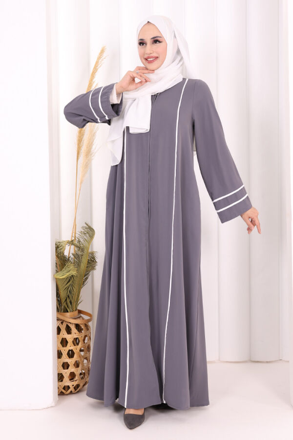Çizgi Detaylı Boydan Fermuarlı Tam Boy Ferace 6011 Gri - 3