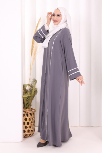 Çizgi Detaylı Boydan Fermuarlı Tam Boy Ferace 6011 Gri - 4