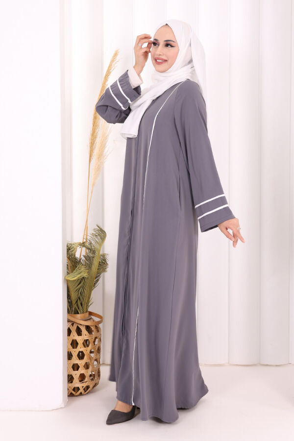 Çizgi Detaylı Boydan Fermuarlı Tam Boy Ferace 6011 Gri - 4