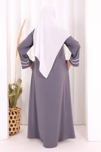 Çizgi Detaylı Boydan Fermuarlı Tam Boy Ferace 6011 Gri - 5