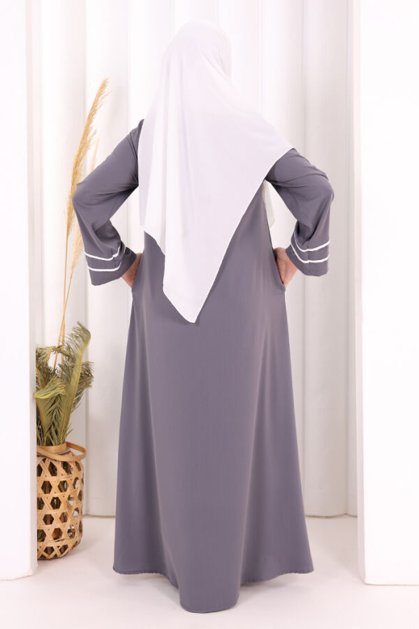 Çizgi Detaylı Boydan Fermuarlı Tam Boy Ferace 6011 Gri - 5