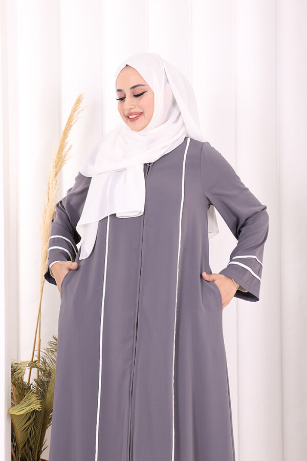 Çizgi Detaylı Boydan Fermuarlı Tam Boy Ferace 6011 Gri - 6