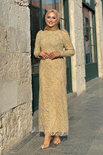 Dal Desenli Simli Tül Abiye Elbise 1140 Gold - Bym Fashion