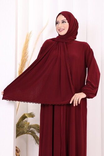 Dantel Detay Şallı Namaz Feracesi 6010 Bordo - 5