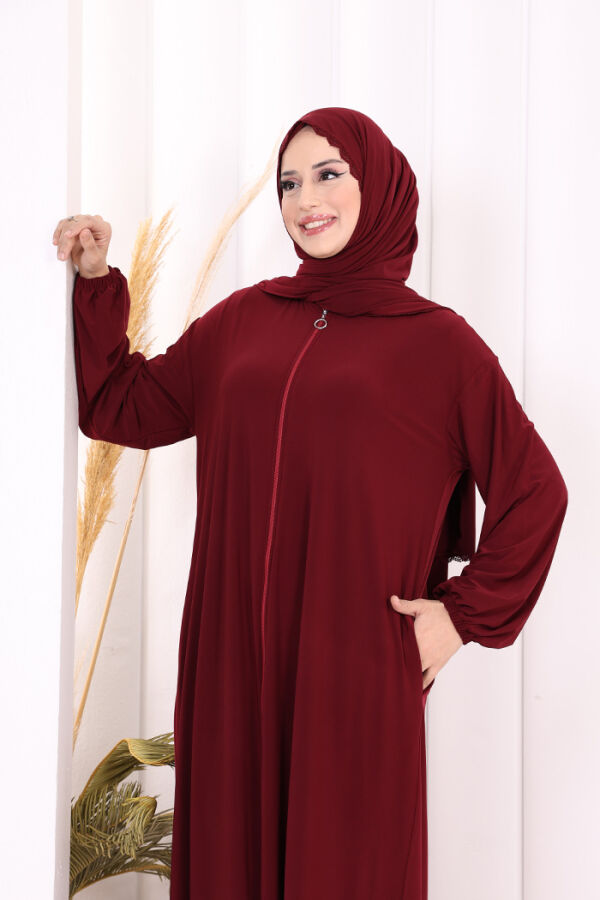 Dantel Detay Şallı Namaz Feracesi 6010 Bordo - 6