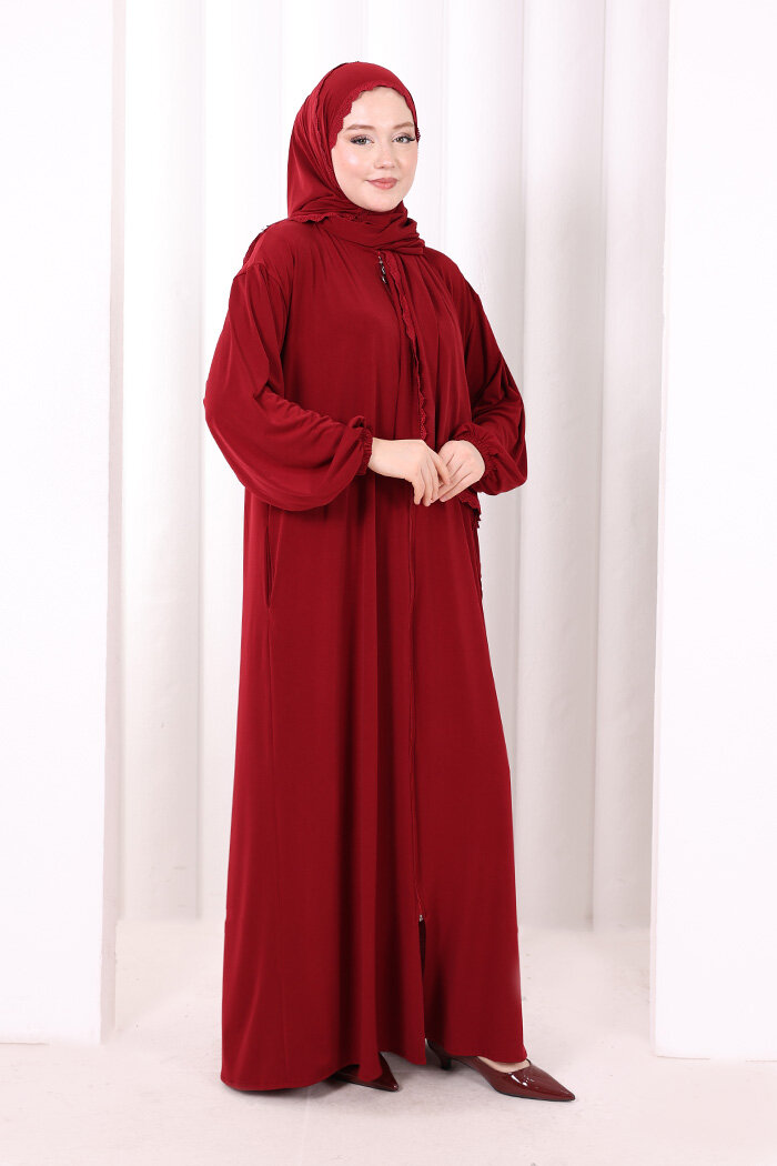 Dantel Detay Şallı Namaz Feracesi 6010 Bordo - 2