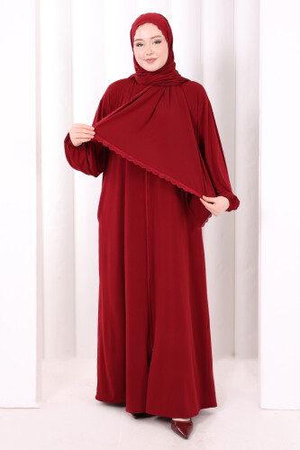 Dantel Detay Şallı Namaz Feracesi 6010 Bordo - 3