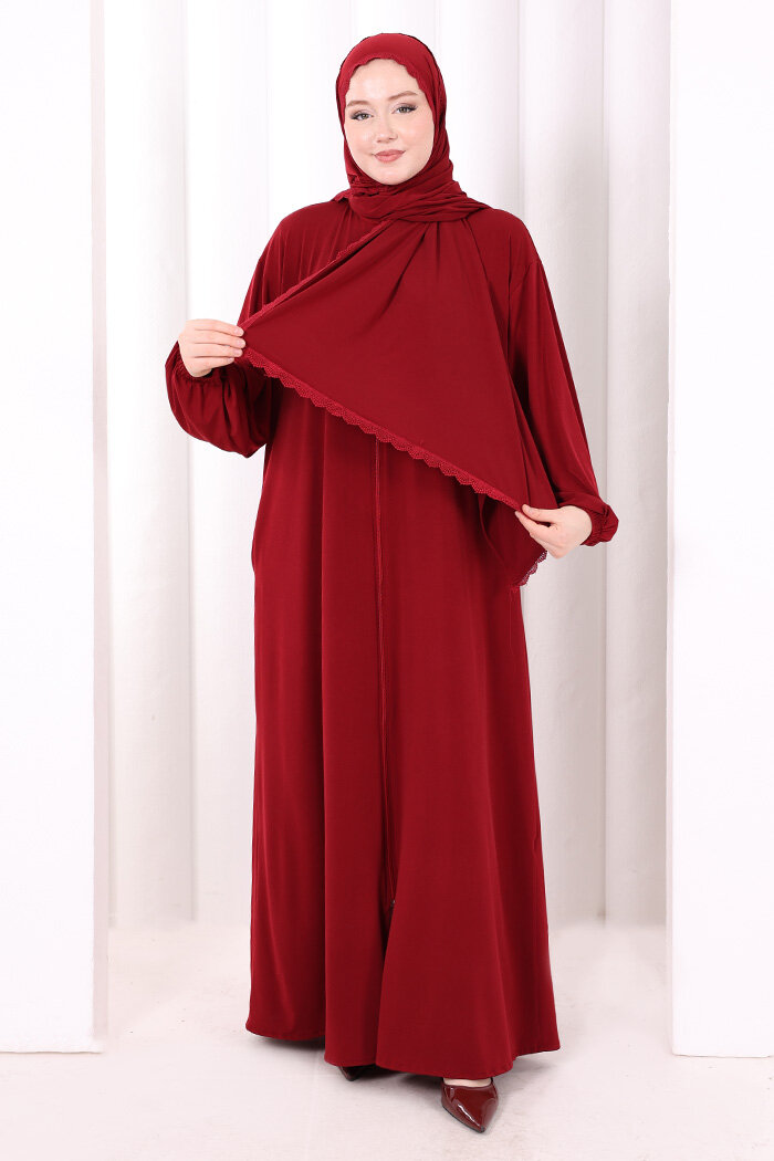 Dantel Detay Şallı Namaz Feracesi 6010 Bordo - 3