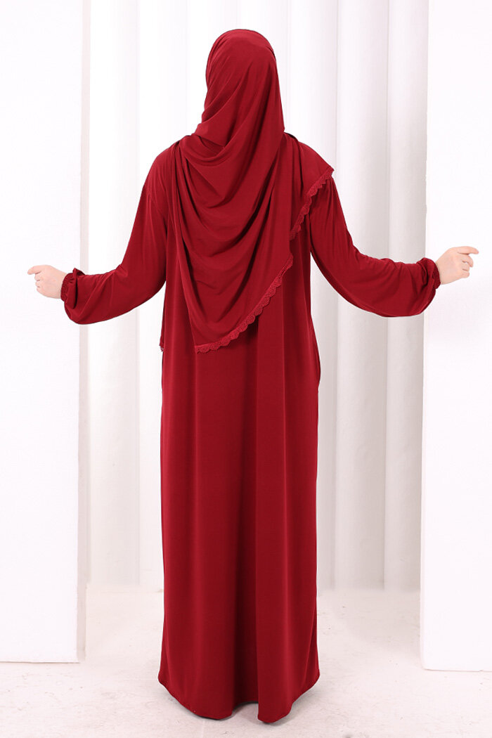 Dantel Detay Şallı Namaz Feracesi 6010 Bordo - 4