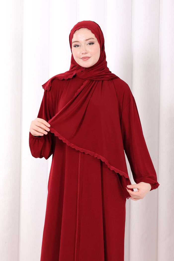 Dantel Detay Şallı Namaz Feracesi 6010 Bordo - 5