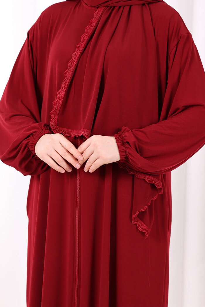 Dantel Detay Şallı Namaz Feracesi 6010 Bordo - 6
