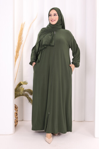 Dantel Detay Şallı Namaz Feracesi 6010 Haki 